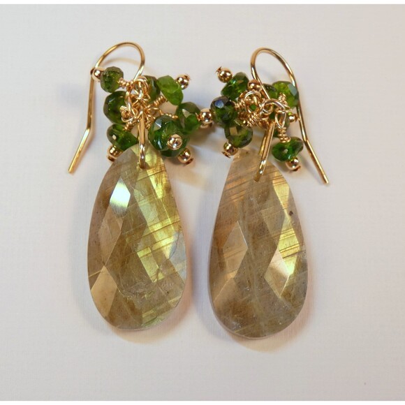 Golden Labradorite - Chrome Diopside - Beaded Gold Earrings - Picture 5 of 7